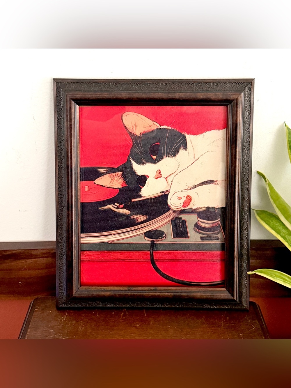 DJ Cat Framed Wall Art Print Retro Record Player Music Quirky Red Home Decor